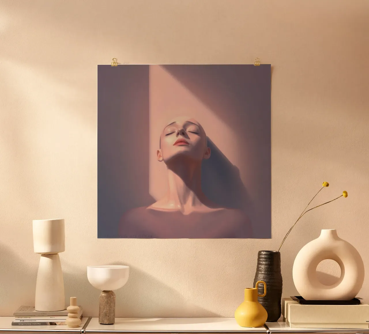 Portrait d'une femme sereine se prélassant dans la lumière naturelle poster avec cadre en aluminium de DesignDoodle