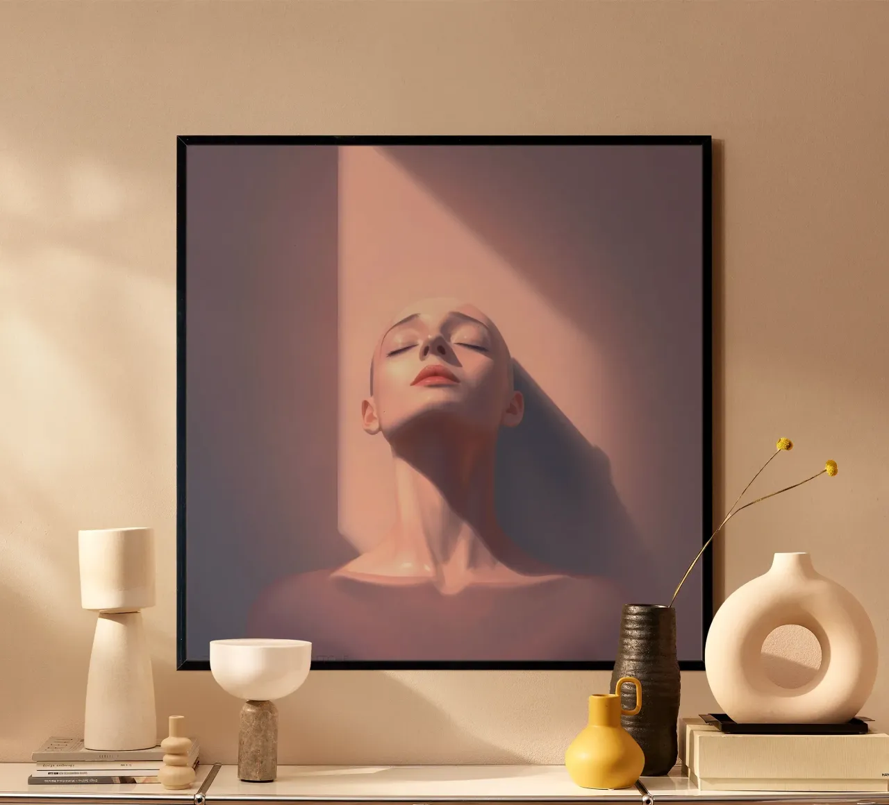 Portrait d'une femme sereine se prélassant dans la lumière naturelle poster avec cadre en aluminium de DesignDoodle