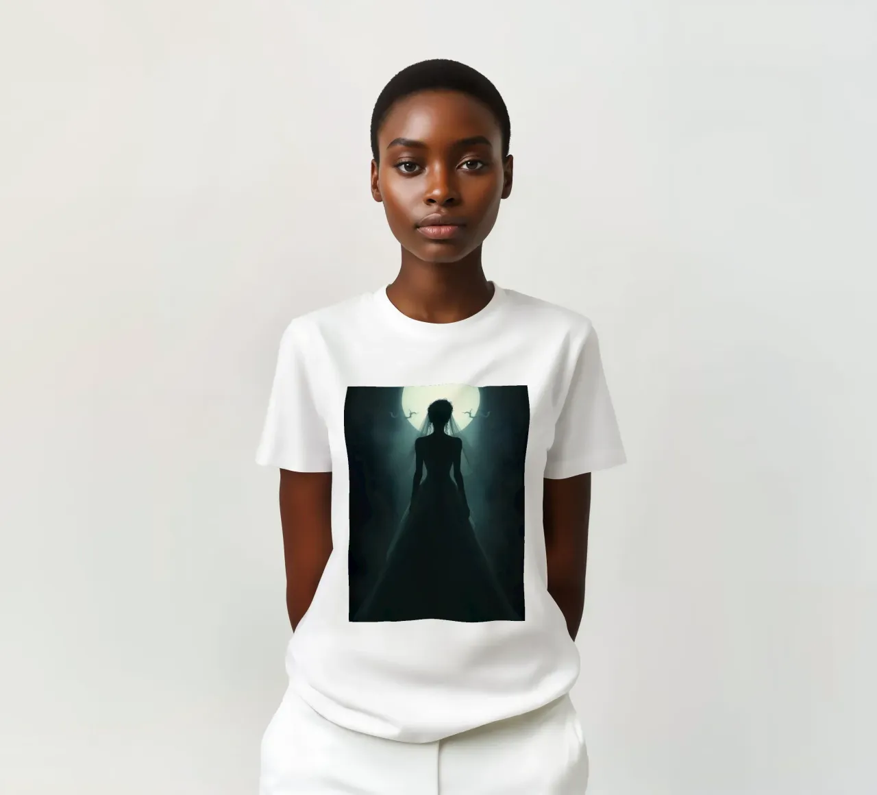 silhouette of a bride illuminated by a full moon t-shirt by DesignDoodle