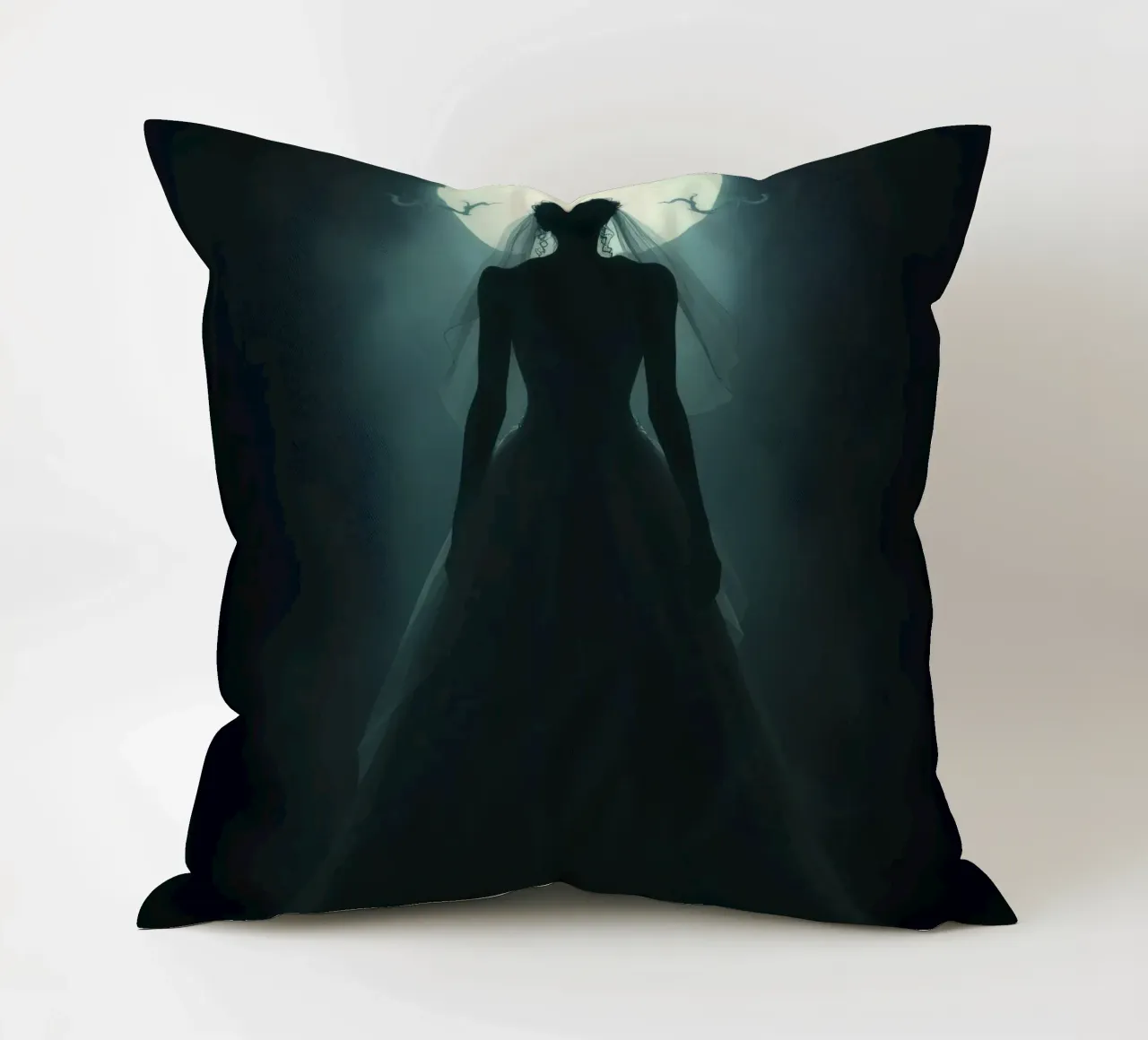 silhouette of a bride illuminated by a full moon decorative cushion by DesignDoodle
