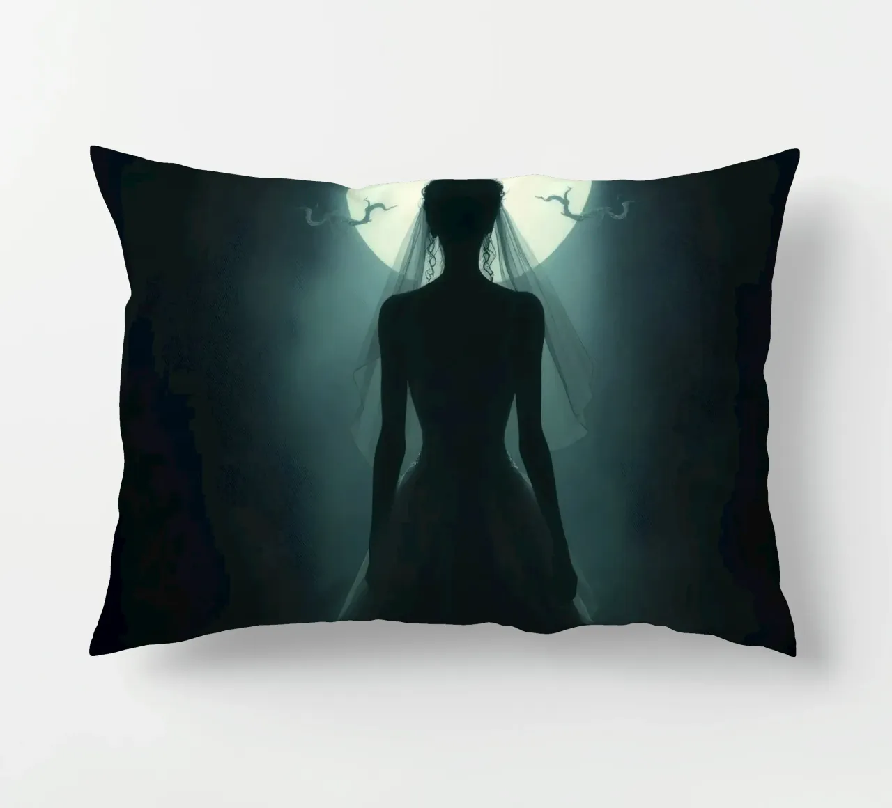 silhouette of a bride illuminated by a full moon decorative cushion by DesignDoodle