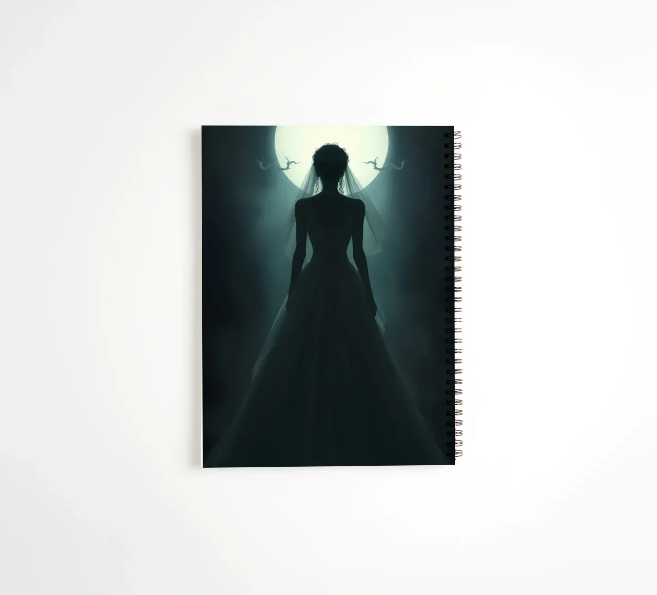 silhouette of a bride illuminated by a full moon spiral notebook by DesignDoodle
