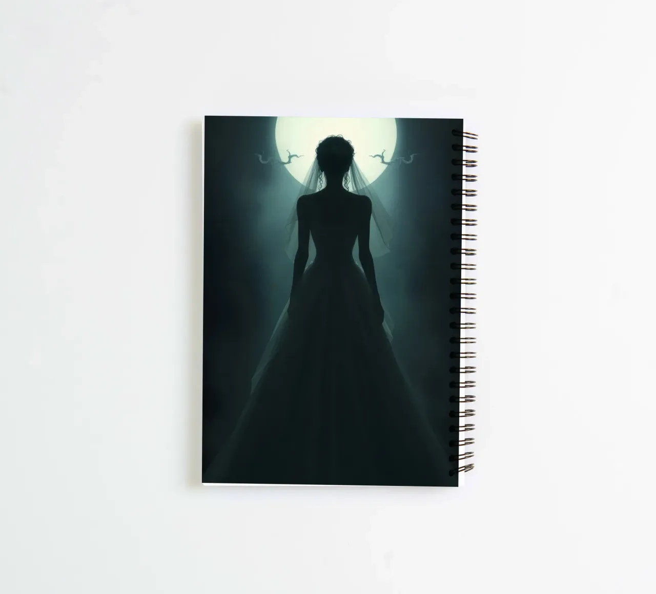 silhouette of a bride illuminated by a full moon spiral notebook by DesignDoodle
