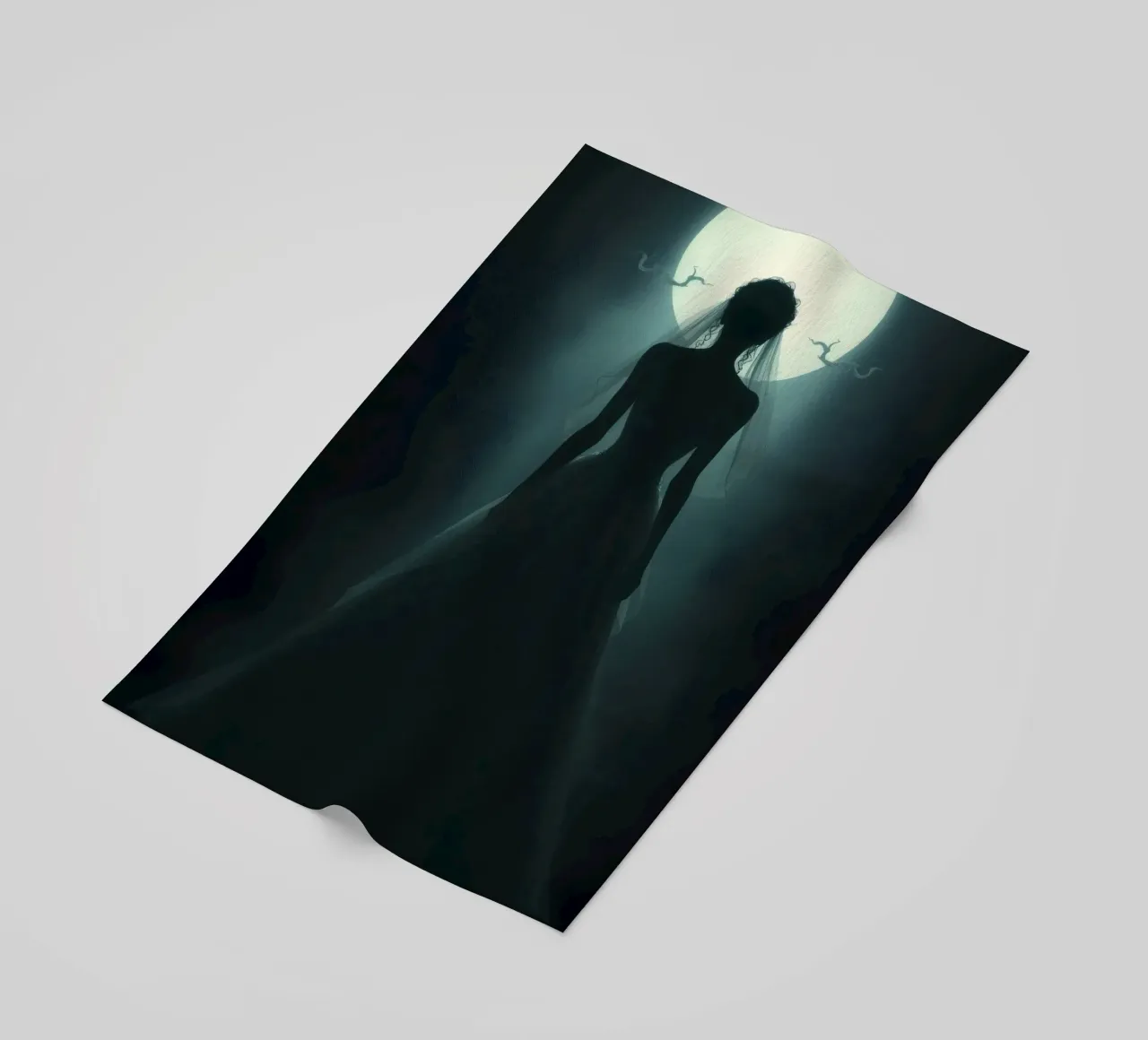silhouette of a bride illuminated by a full moon beach towel by DesignDoodle