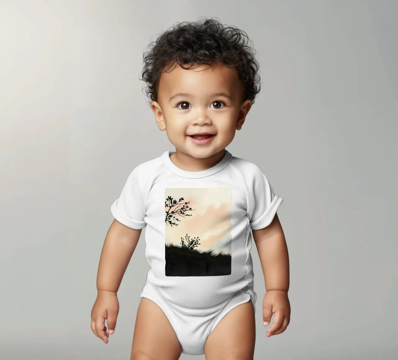 Silhouetted trees and shrubs under a pastel sky short-sleeve baby romper by DesignDoodle