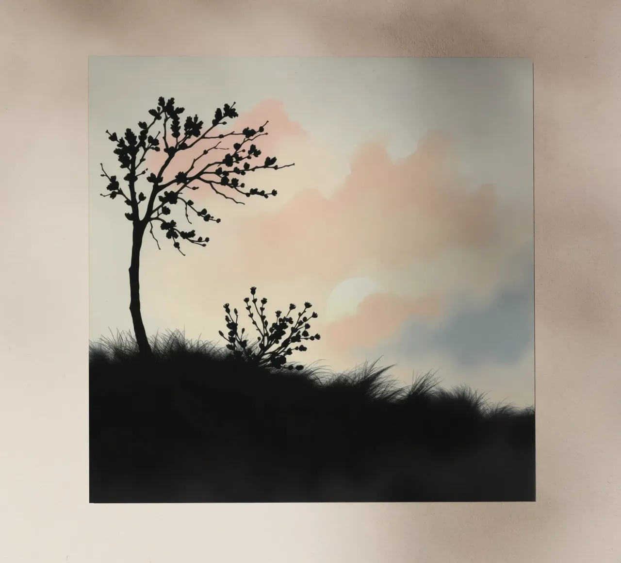Alberi e arbusti in silhouette sotto un cielo pastello pellicola backlit da DesignDoodle