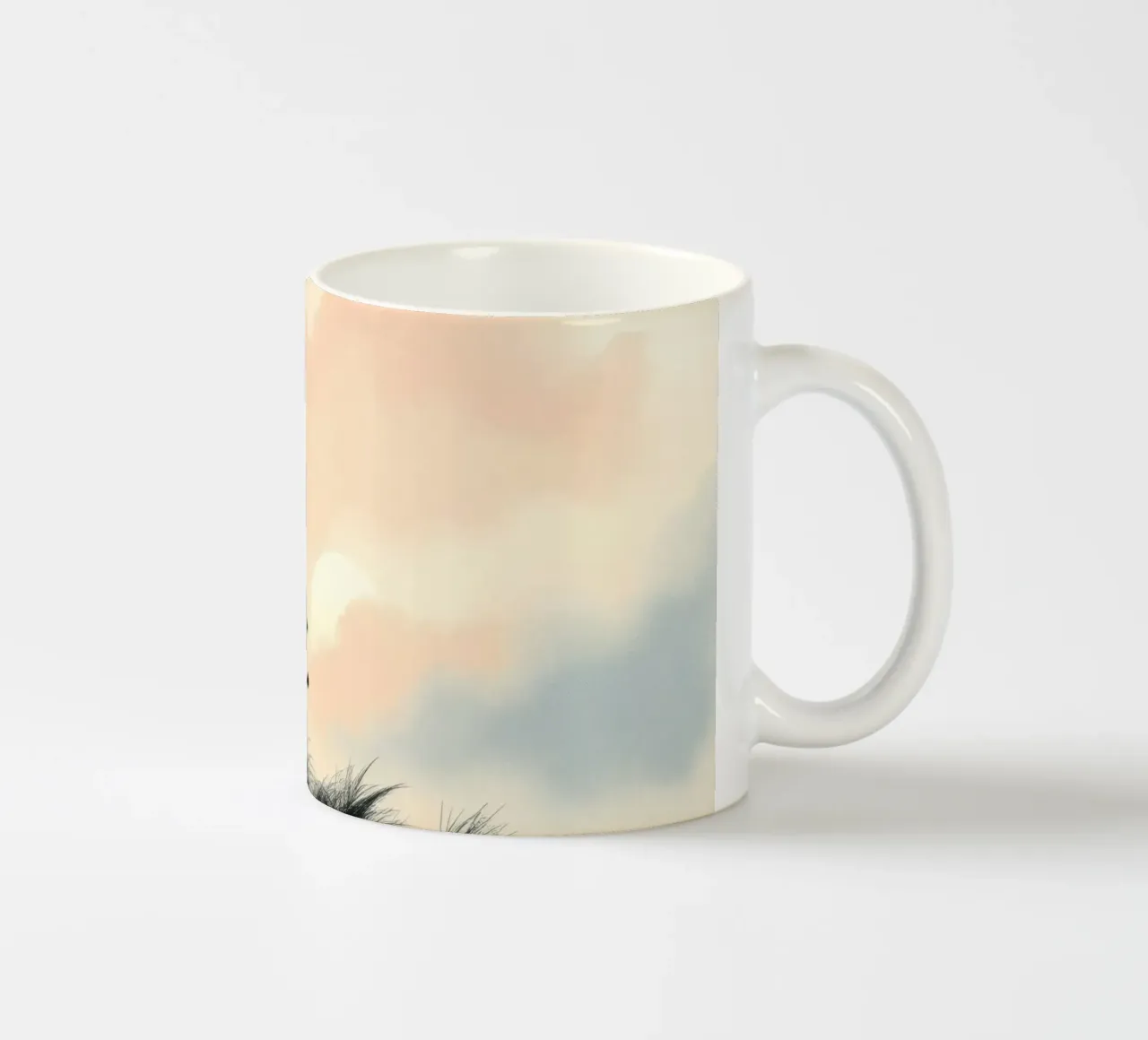 Silhouetted trees and shrubs under a pastel sky ceramic mug by DesignDoodle