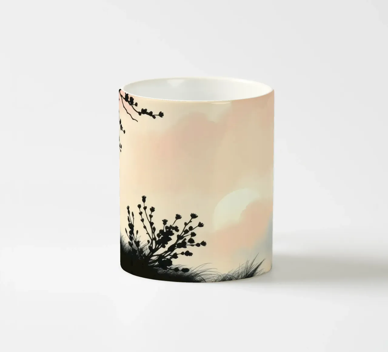 Silhouetted trees and shrubs under a pastel sky ceramic mug by DesignDoodle