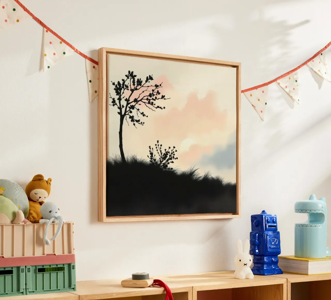 Silhouetted trees and shrubs under a pastel sky canvas with Floater frame by DesignDoodle