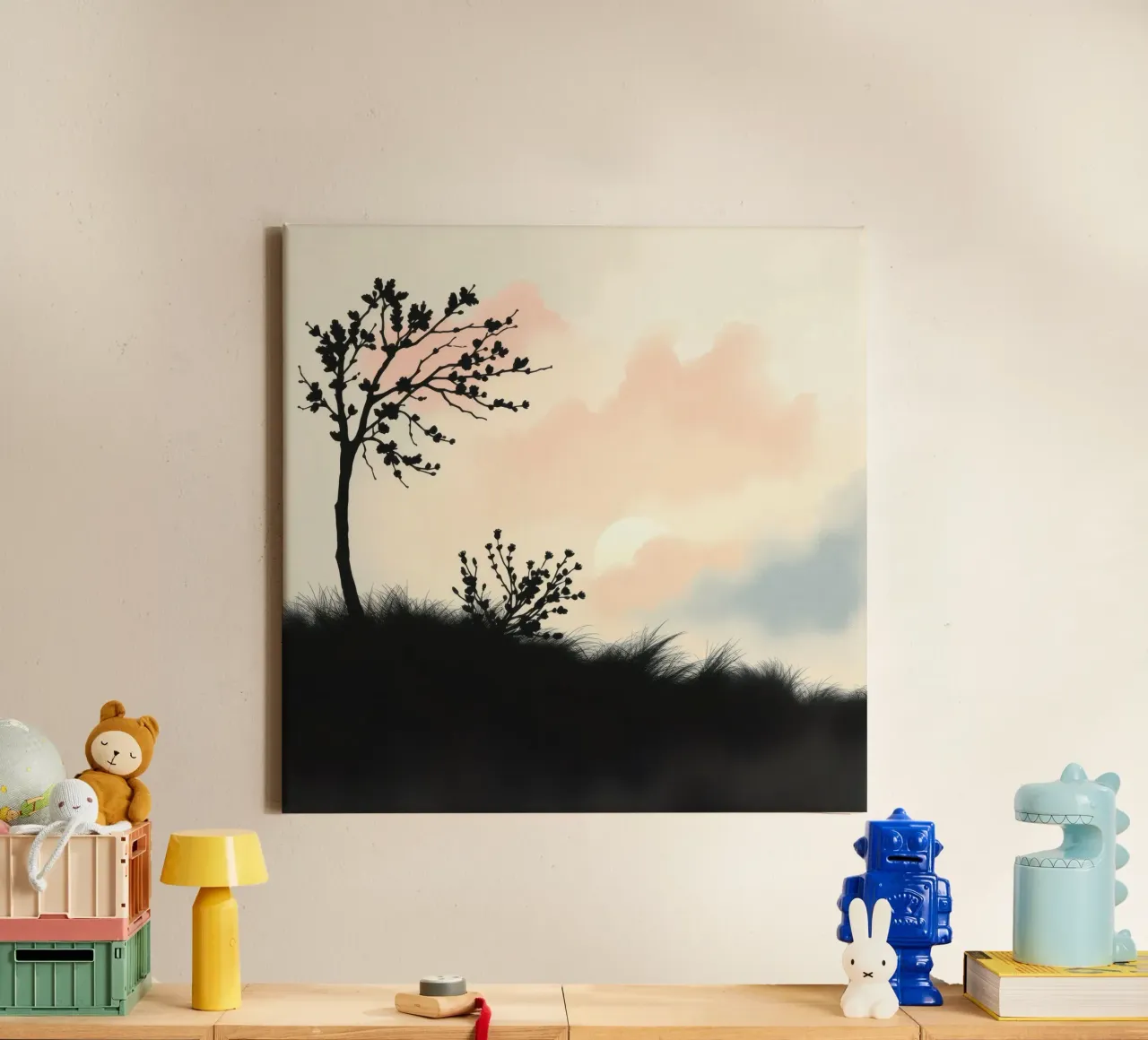 Silhouetted trees and shrubs under a pastel sky canvas with Floater frame by DesignDoodle