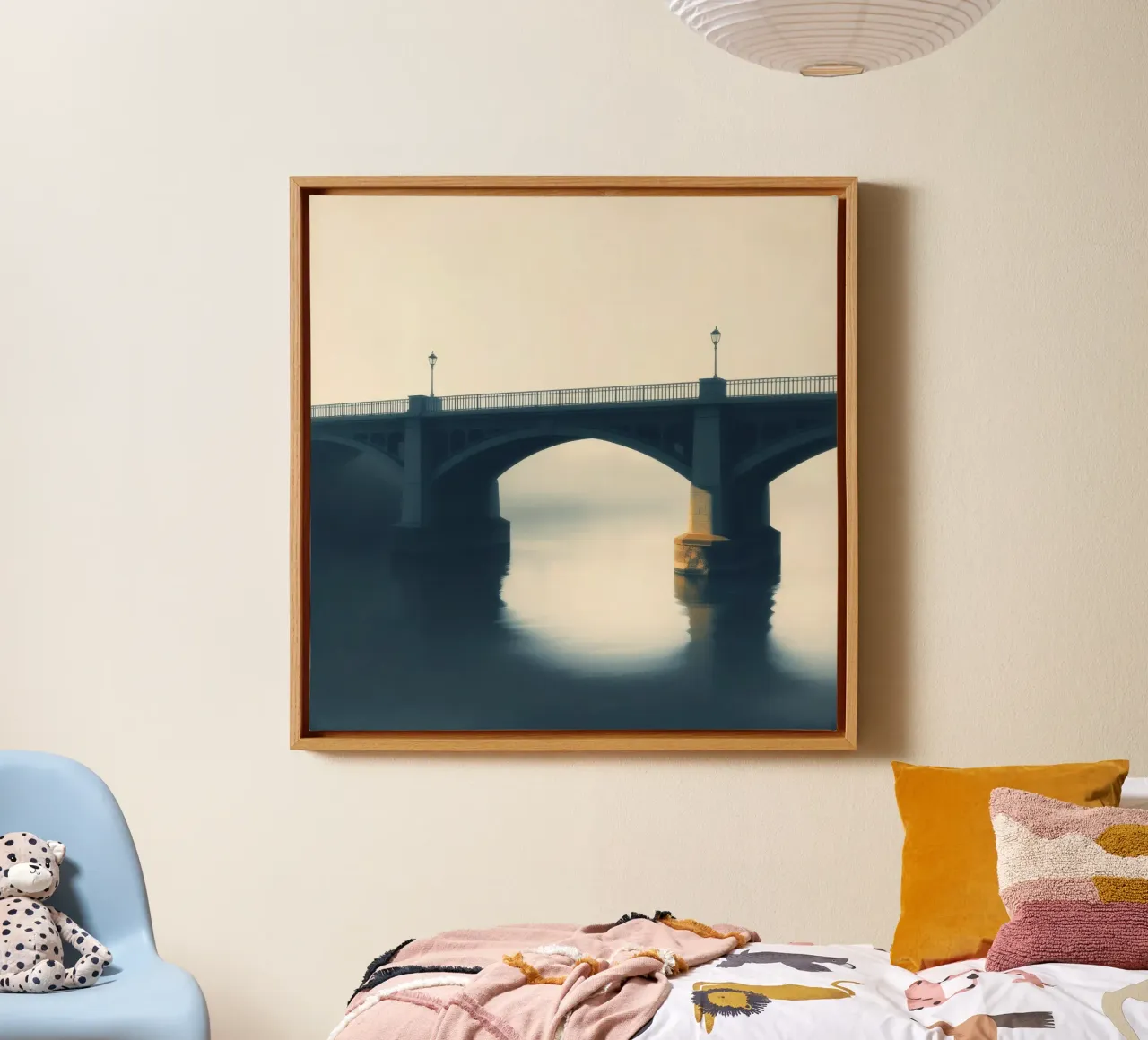 Bridge shrouded in fog reflecting on still waters at dawn canvas with Floater frame by DesignDoodle