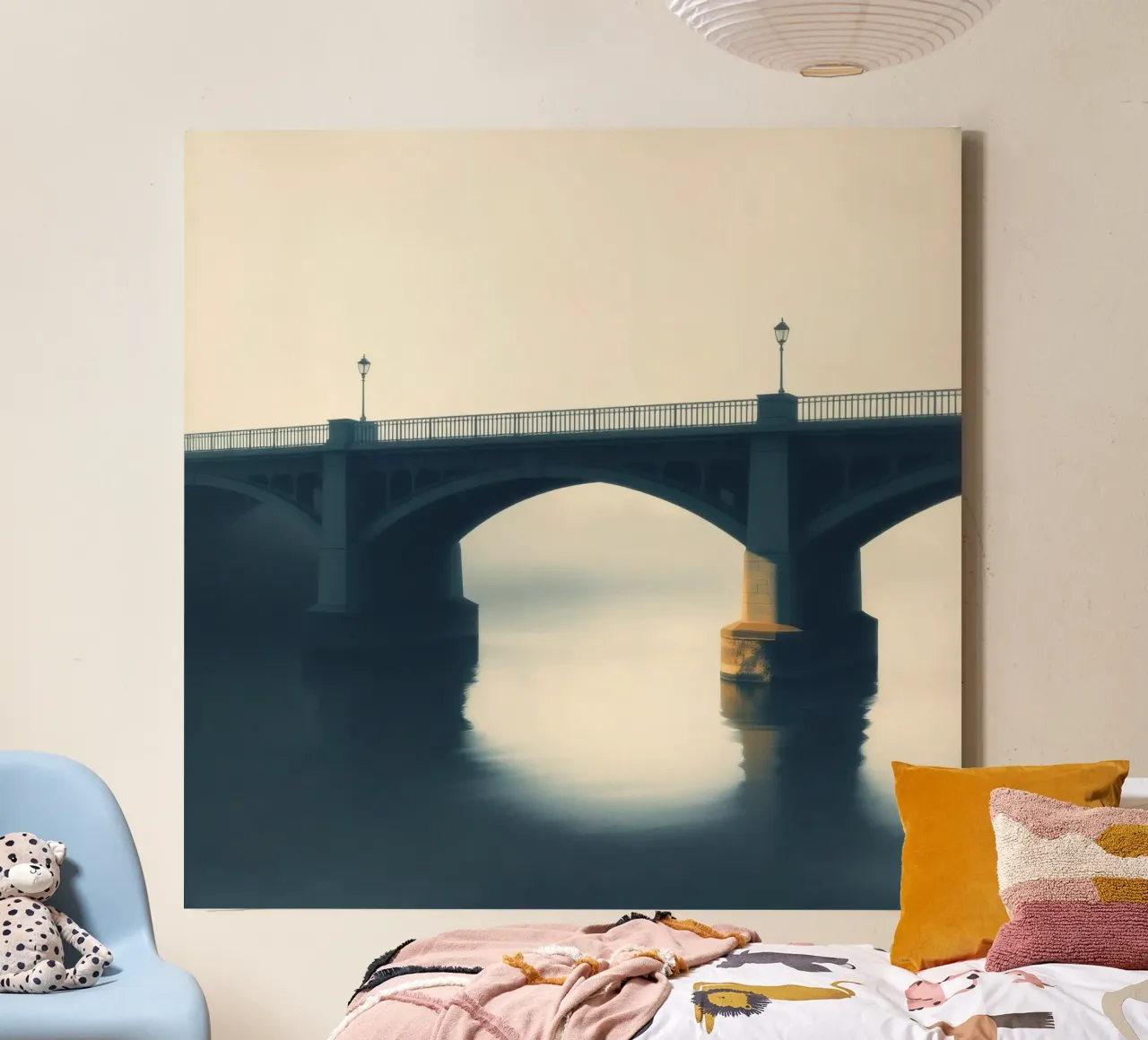 Bridge shrouded in fog reflecting on still waters at dawn canvas with Floater frame by DesignDoodle