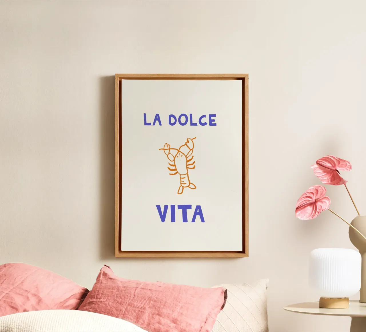 Kreeft Print, La Dolce Vita, Zomer Reizen Handgetekende Kunst canvas met Baklijst van DolceVita