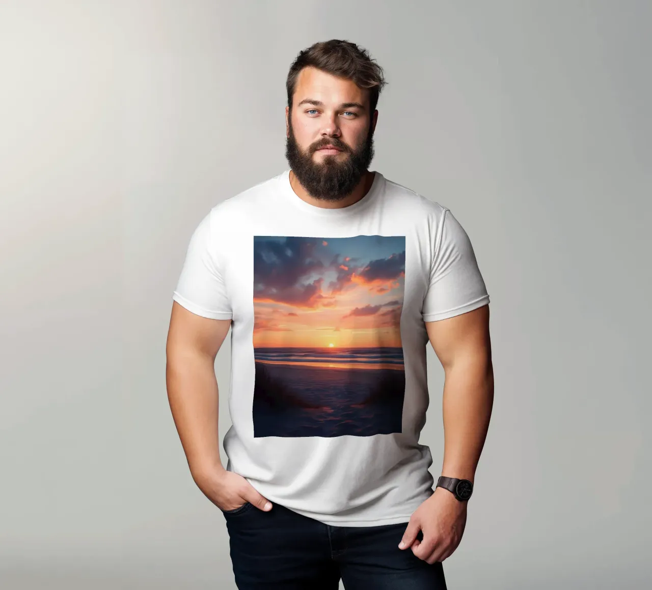 sunset descends over a tranquil beach with gentle waves t-shirt by DesignDoodle