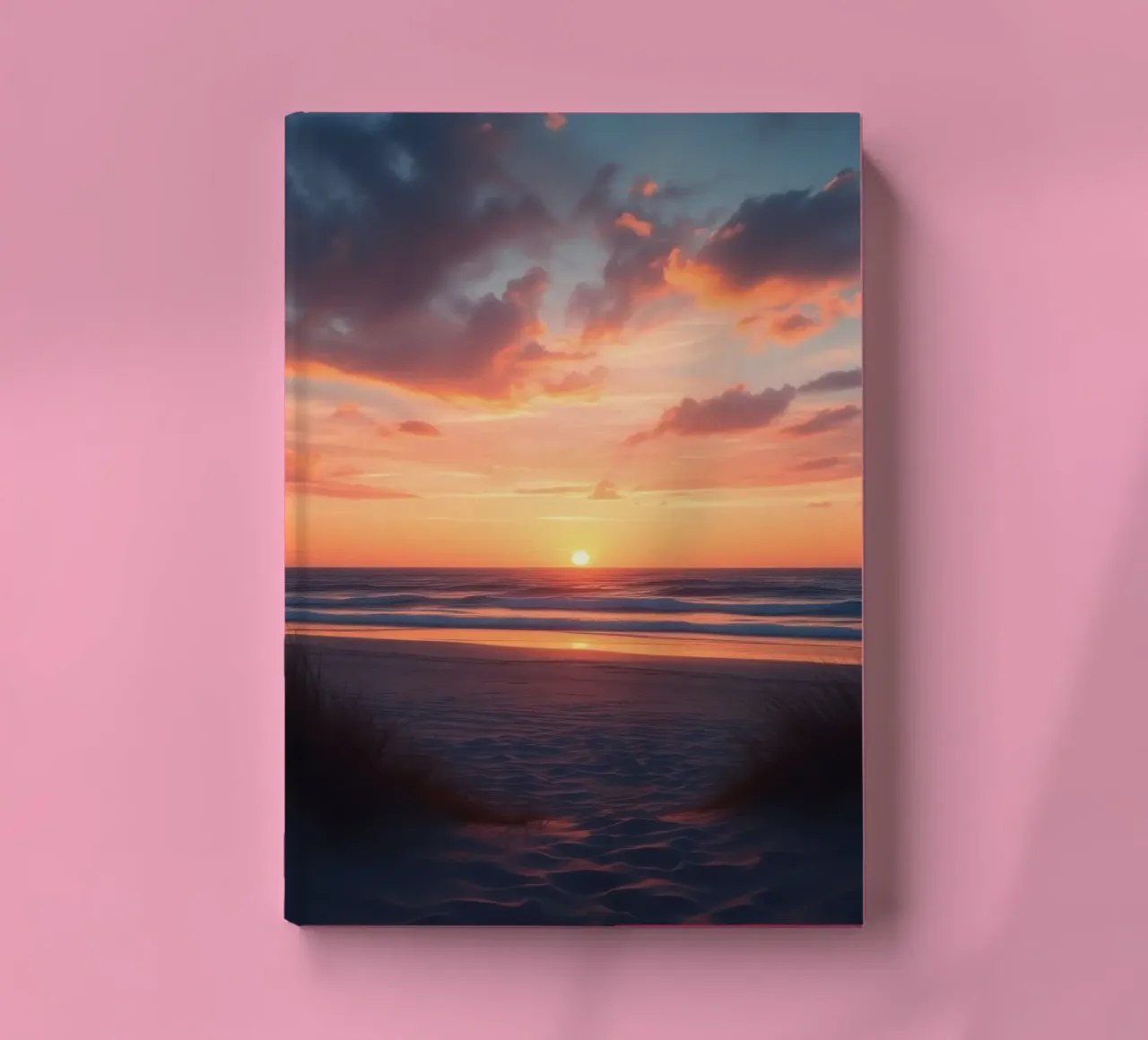 sunset descends over a tranquil beach with gentle waves notebook by DesignDoodle