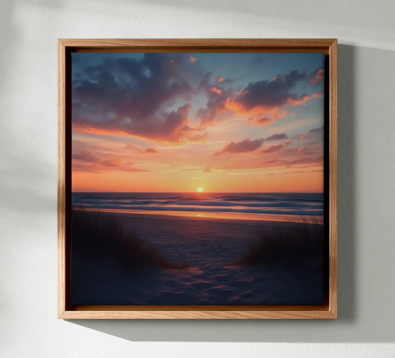 zonsondergang over een rustig strand met zachte golven canvas van DesignDoodle