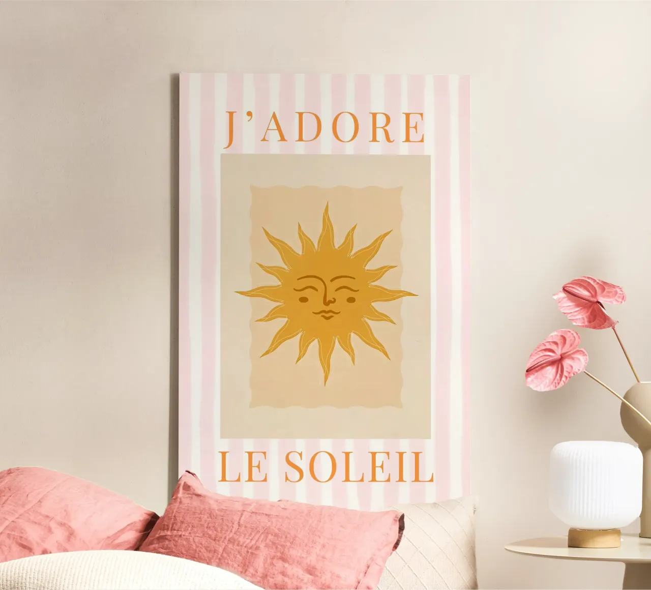 J'adore le Soleil, Zonneposter, Zomerprint, Reiskunst canvas met Baklijst van DolceVita