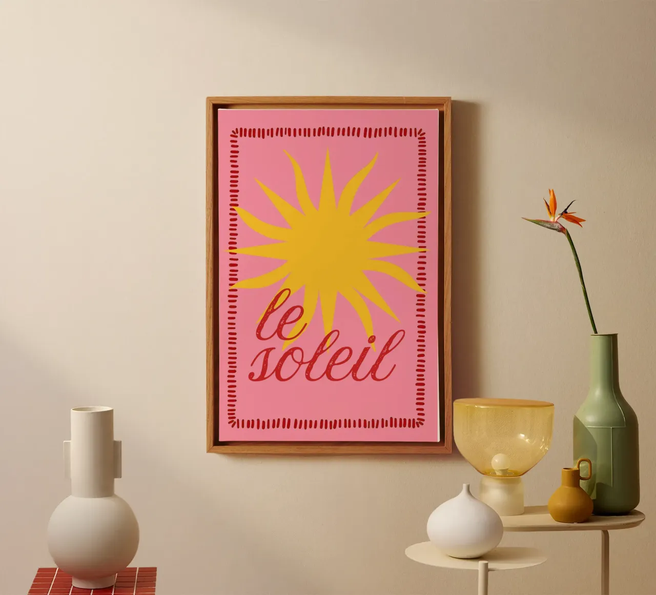 Le Soleil Print, Zomerprint, Boho Sun Poster, Levendige Kunst canvas met Baklijst van DolceVita