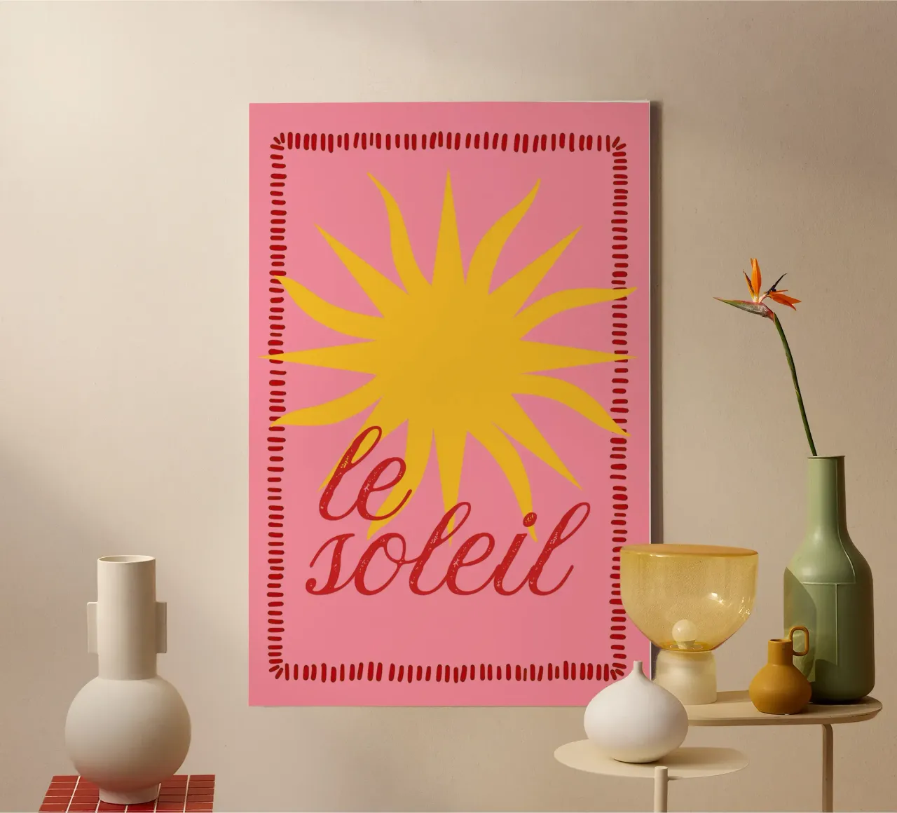Le Soleil Print, Zomerprint, Boho Sun Poster, Levendige Kunst canvas met Baklijst van DolceVita
