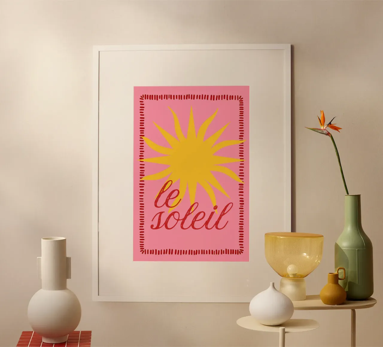 Le Soleil Print, Zomerprint, Boho Sun Poster, Levendige Kunst poster met kunststof frame van DolceVita