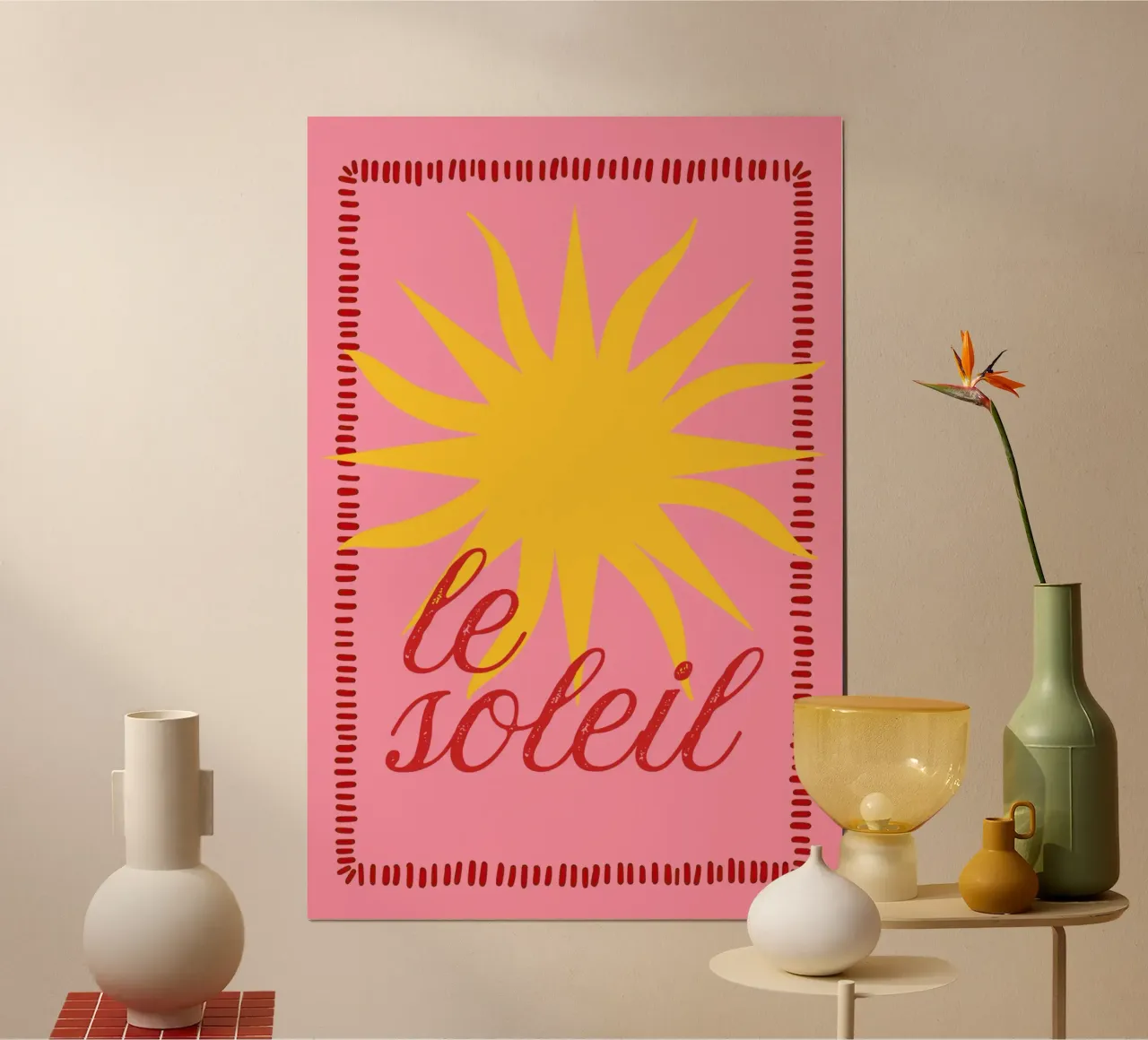 Le Soleil Print, Zomerprint, Boho Sun Poster, Levendige Kunst poster met kunststof frame van DolceVita