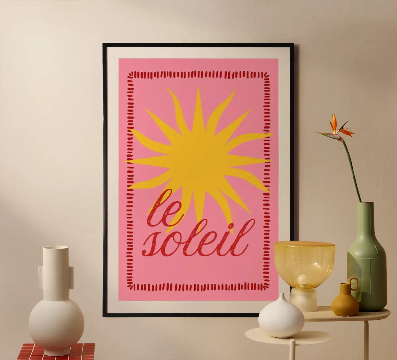 Le Soleil Print, Zomerprint, Boho Sun Poster, Levendige Kunst poster met kunststof frame van DolceVita