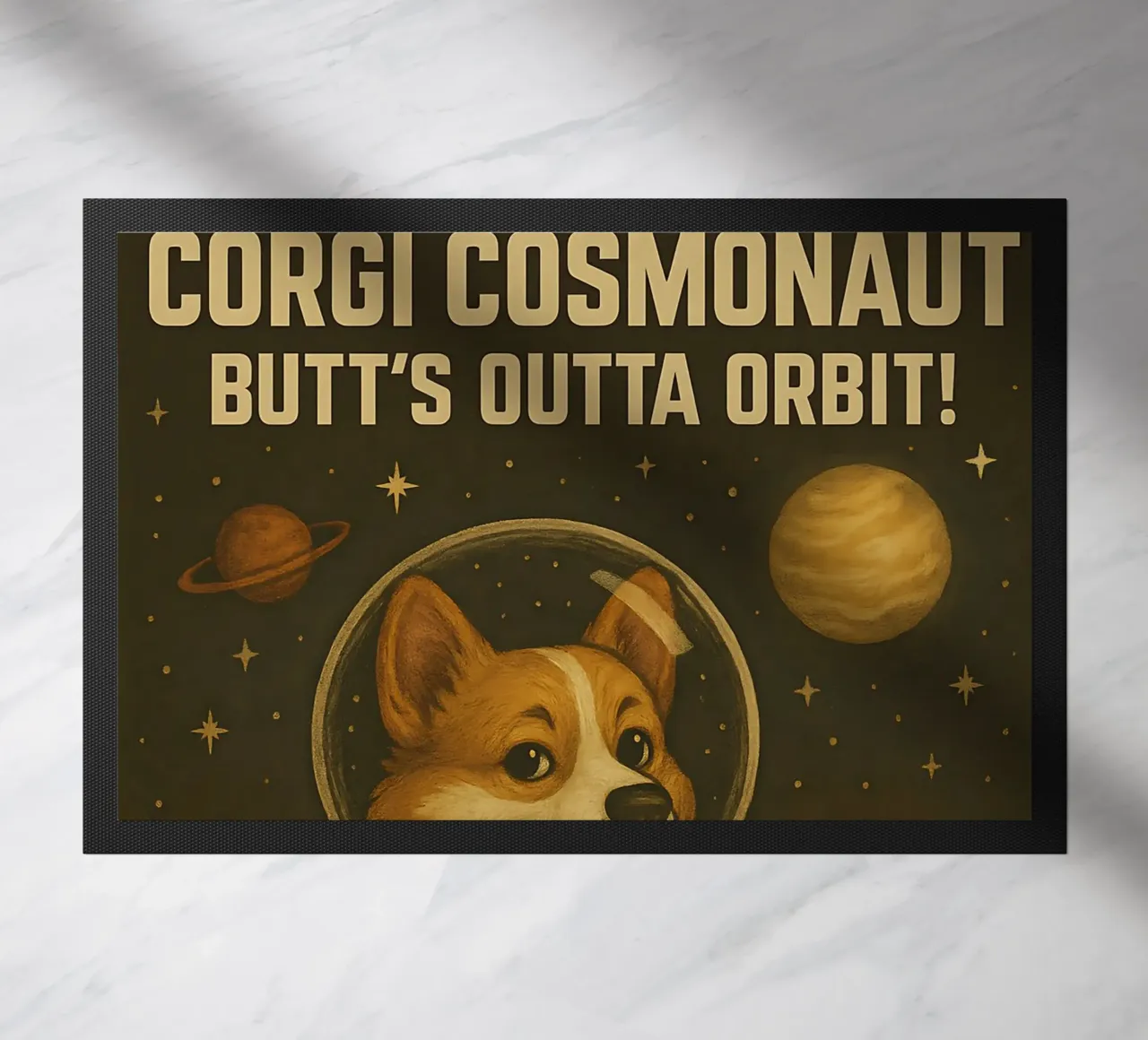 Funny Cosmonaut Corgi Meme doormat by Funny Humor Art