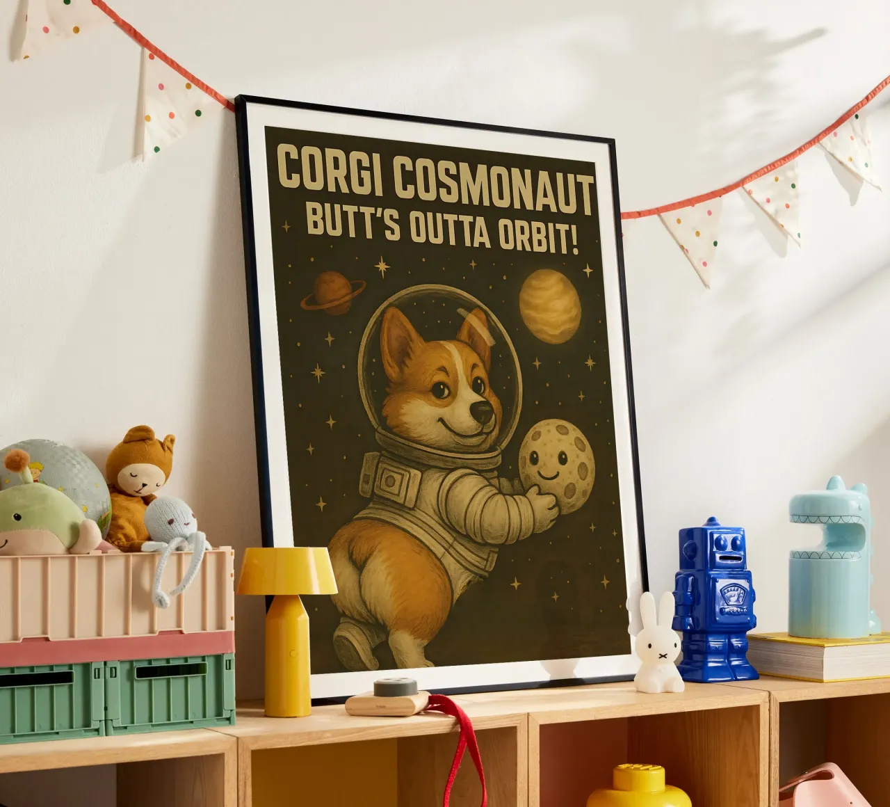 Divertente il meme del cosmonauta Corgi poster con telaio in legno da Funny Humor Art