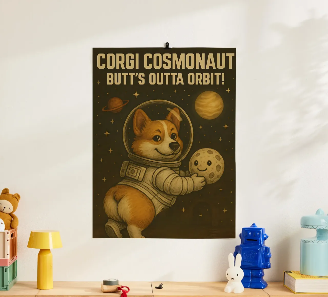 Divertente il meme del cosmonauta Corgi poster con telaio in legno da Funny Humor Art
