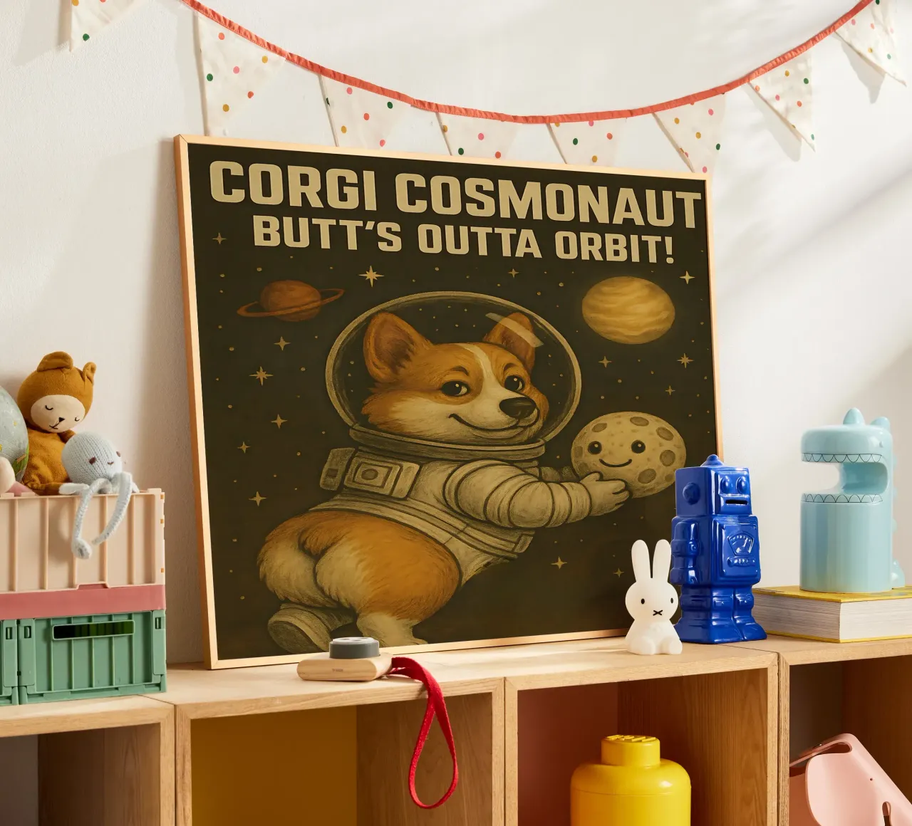 Divertente il meme del cosmonauta Corgi poster con telaio in legno da Funny Humor Art