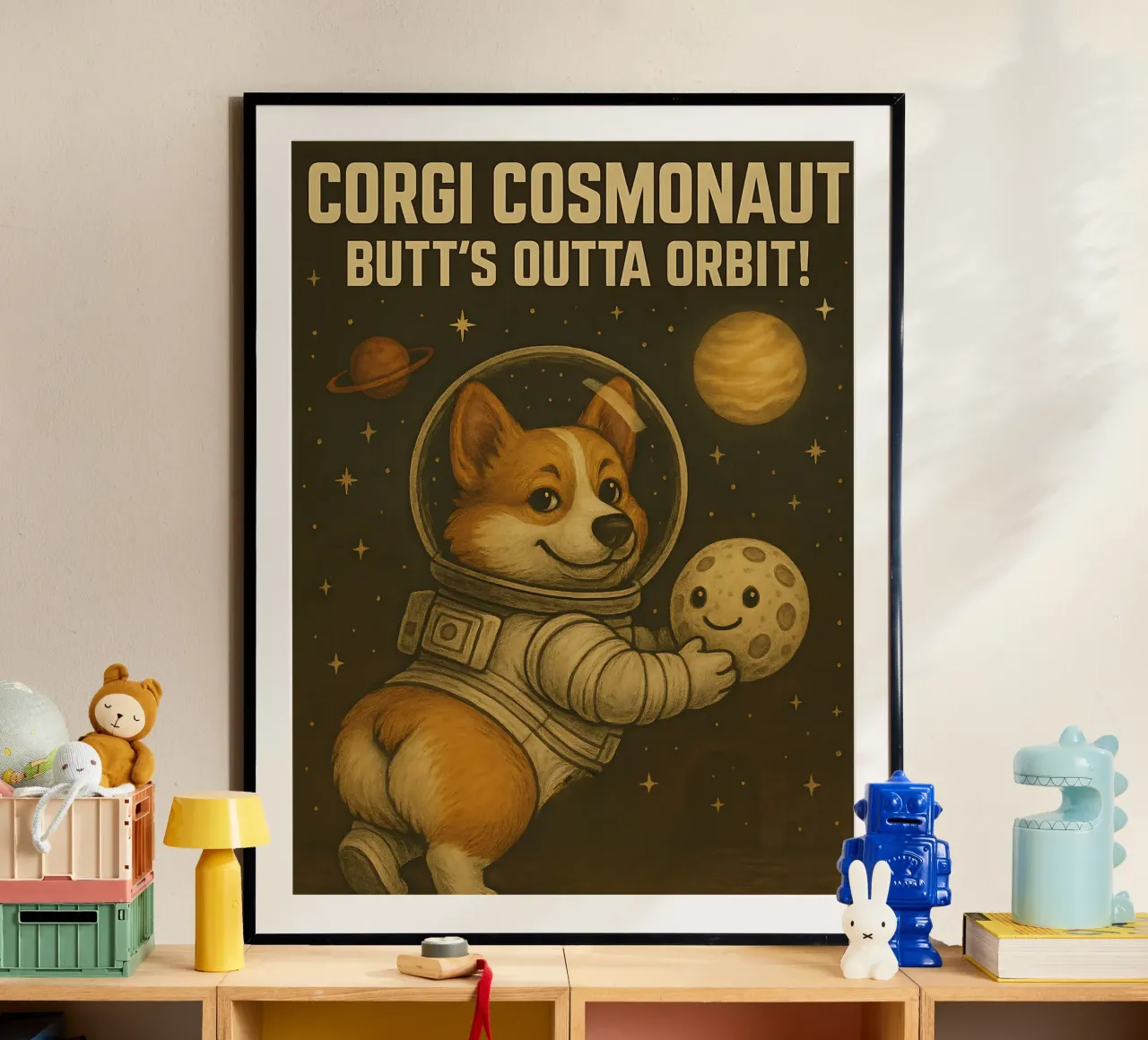 Divertente il meme del cosmonauta Corgi poster con telaio in legno da Funny Humor Art