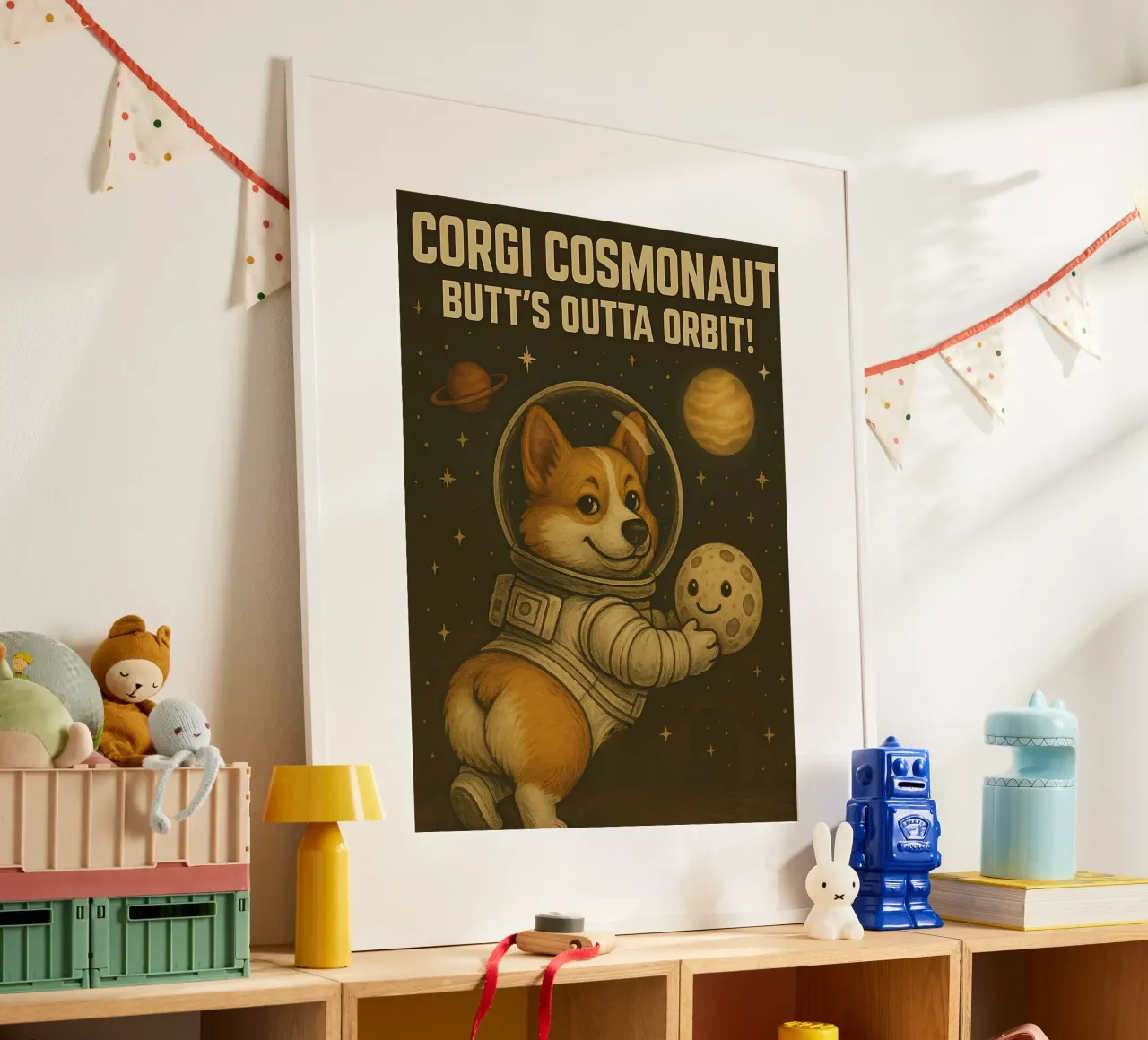 Divertente il meme del cosmonauta Corgi poster con telaio in legno da Funny Humor Art