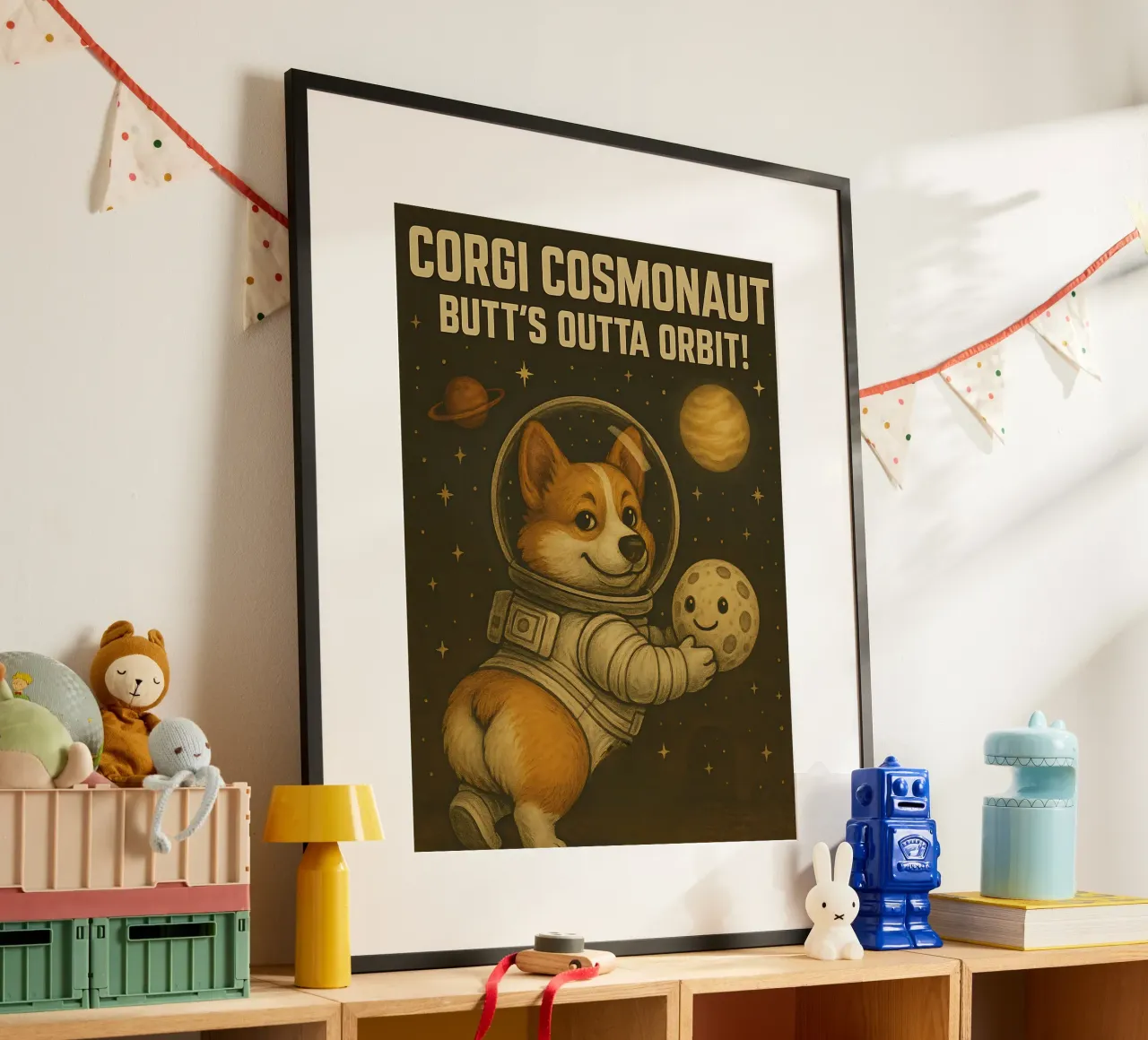 Divertente il meme del cosmonauta Corgi poster con telaio in legno da Funny Humor Art