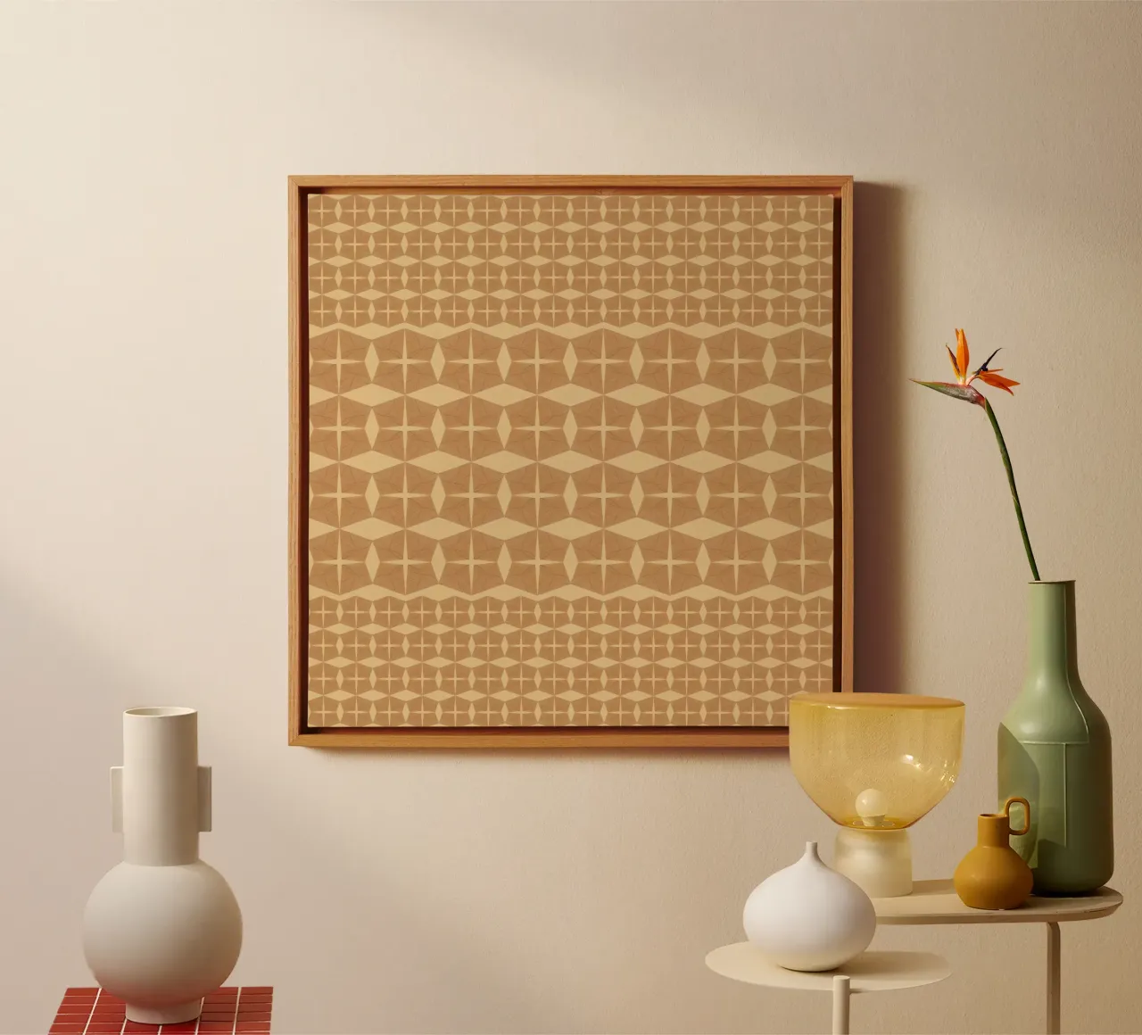 Muted brown interlocking geo canvas with Floater frame by Little Dean