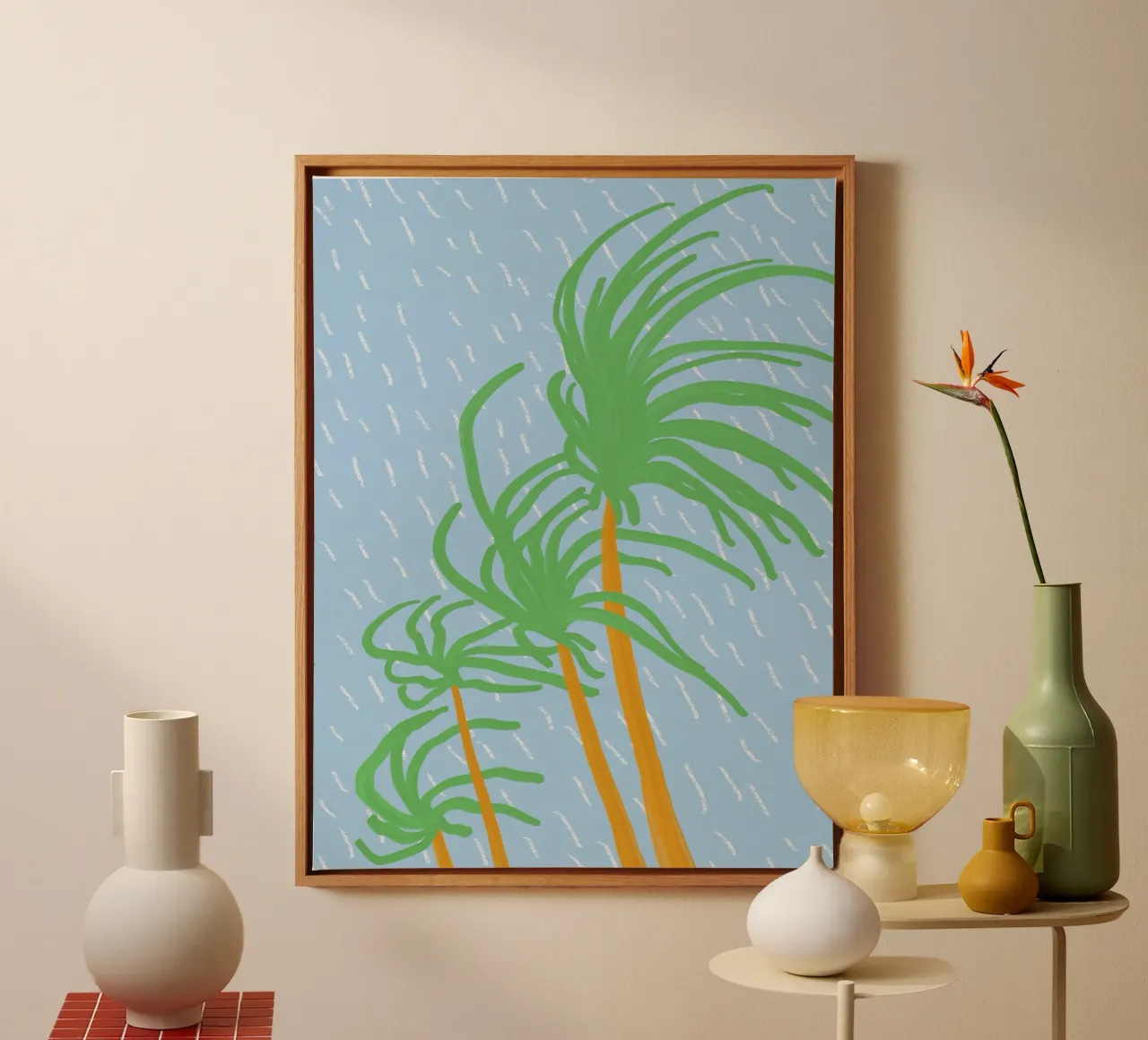 Strandpalm wiegend in de wind 02 canvas met Baklijst van Little Dean