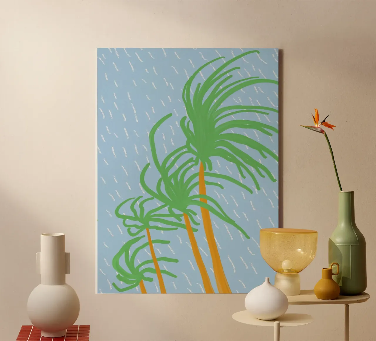 Strandpalm wiegend in de wind 02 canvas met Baklijst van Little Dean