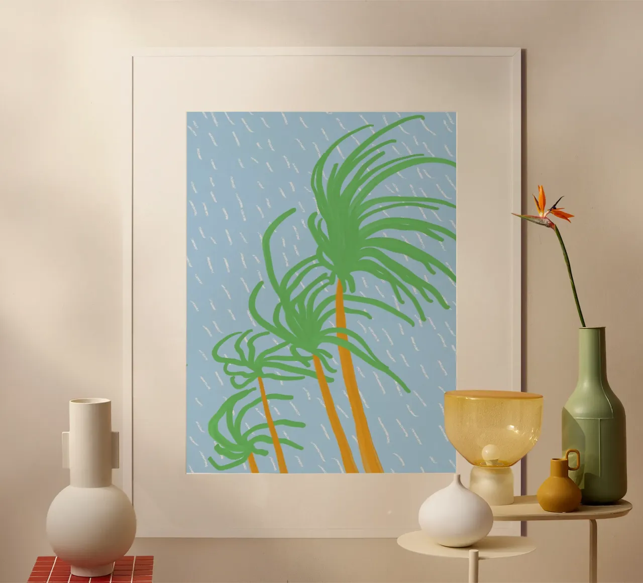 Beach palm swaying in the wind 02 poster with plastic frame by Little Dean