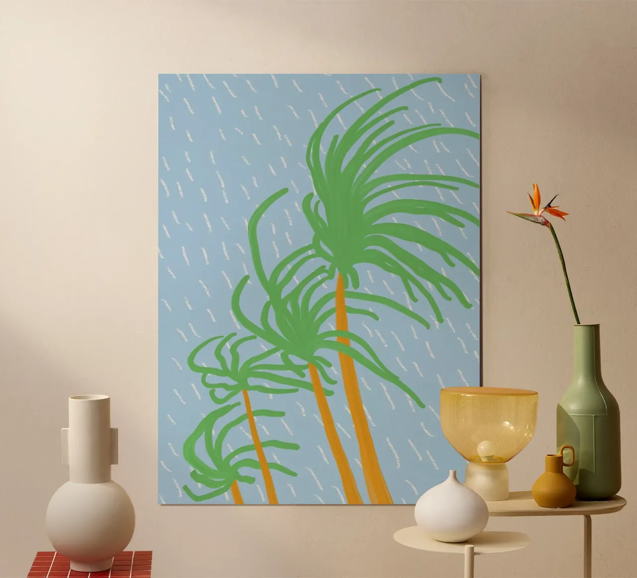 Beach palm swaying in the wind 02 poster with plastic frame by Little Dean