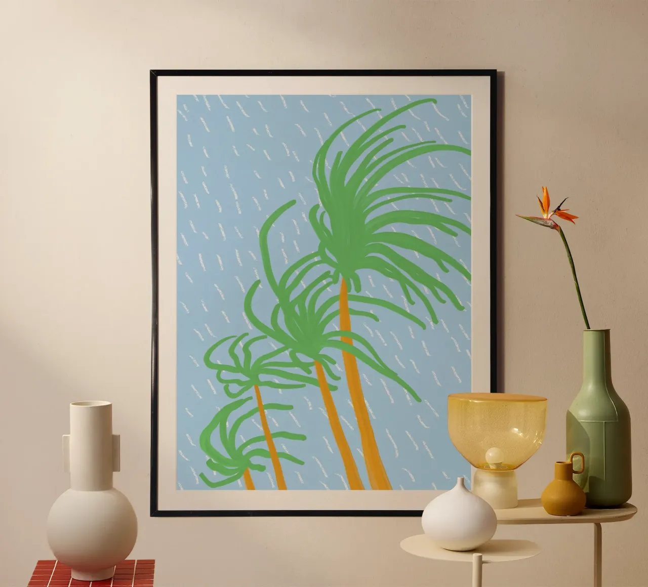 Beach palm swaying in the wind 02 poster with plastic frame by Little Dean
