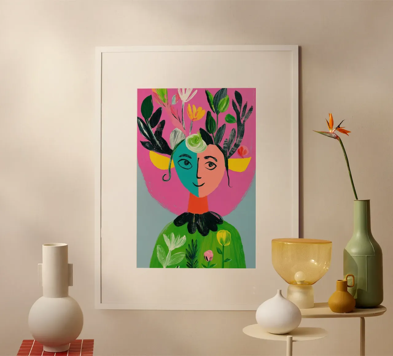 Frau im Frühling | Naive Malerei Poster mit Kunststoffrahmen von Autofocus