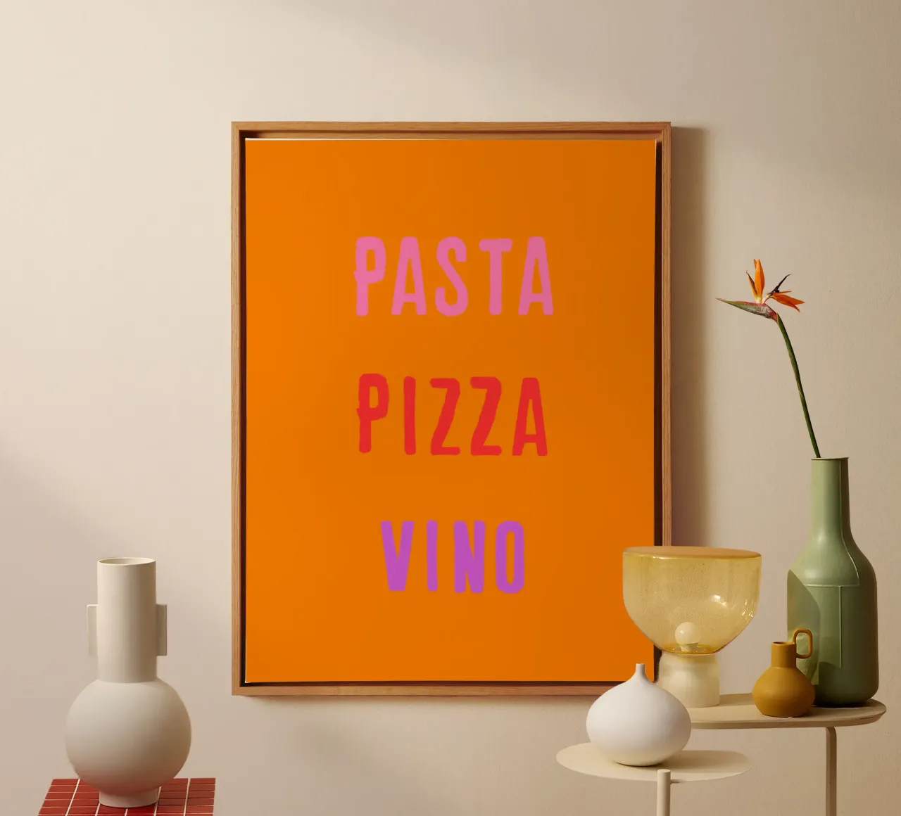 PASTA PIZZA & VINO Rosa Rosso Viola Su Arancione tela con Cornice a cassetta da Alisa Knöß