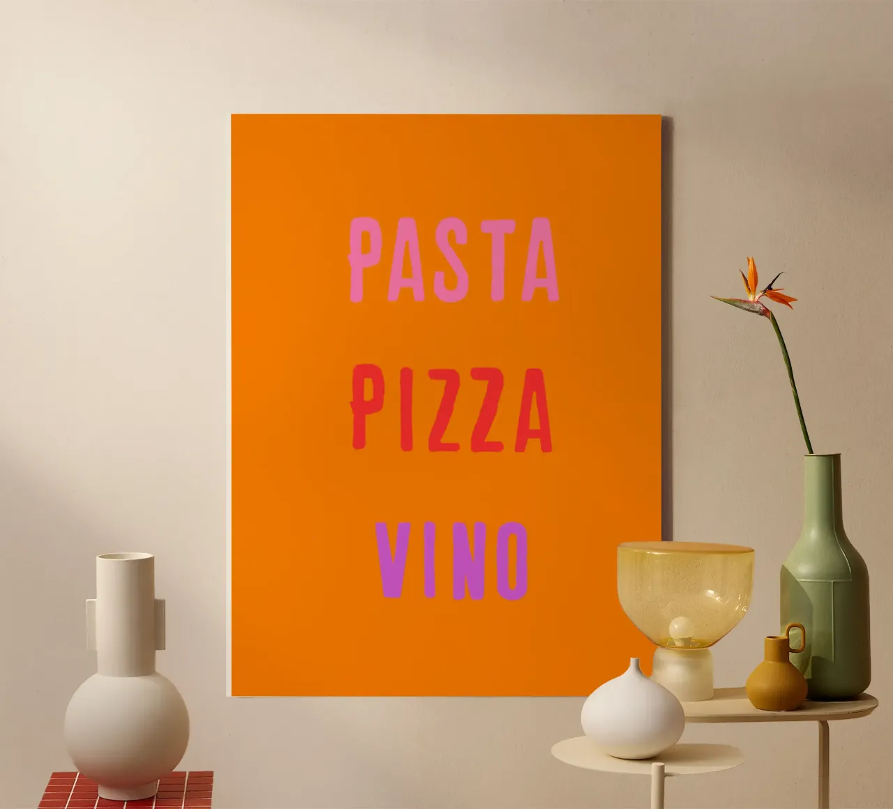 PASTA PIZZA & VINO Rosa Rosso Viola Su Arancione tela con Cornice a cassetta da Alisa Knöß