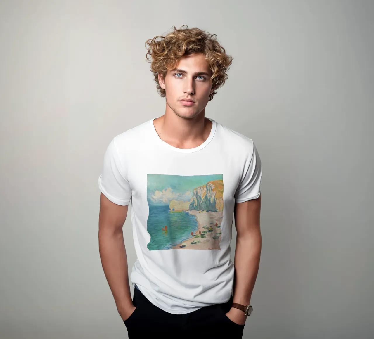 The Beach and the Falaise d'Amont (1885) by Claude Monet. t-shirt da Venus Art