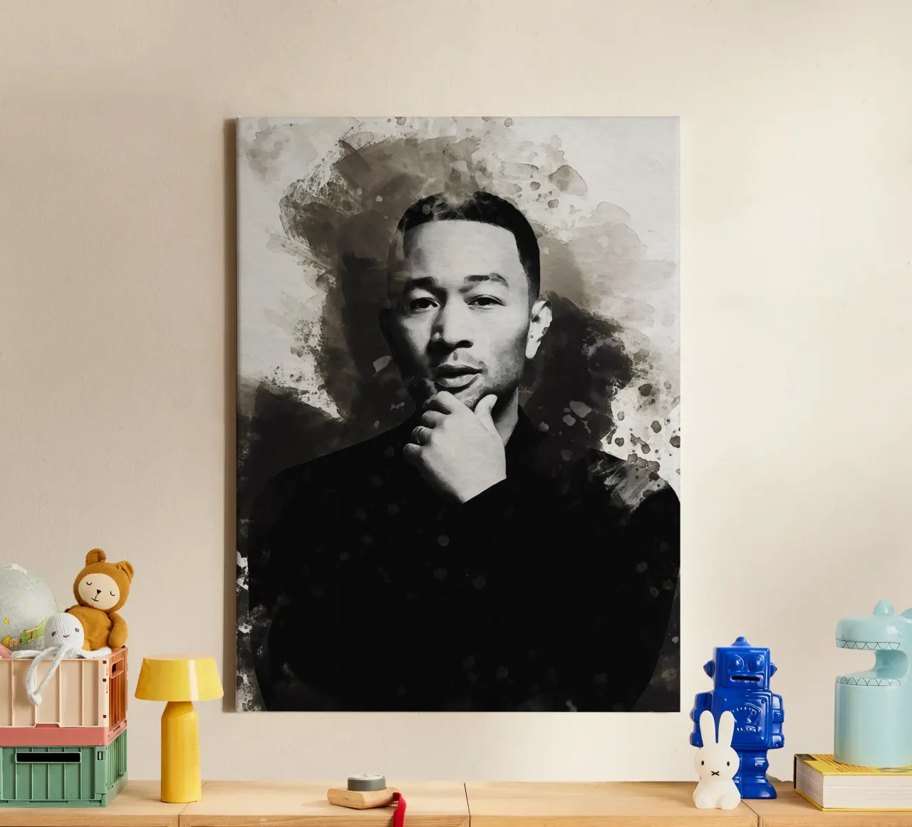 Smudge of Portrait John Legend canvas with Floater frame by Gunawan Rb