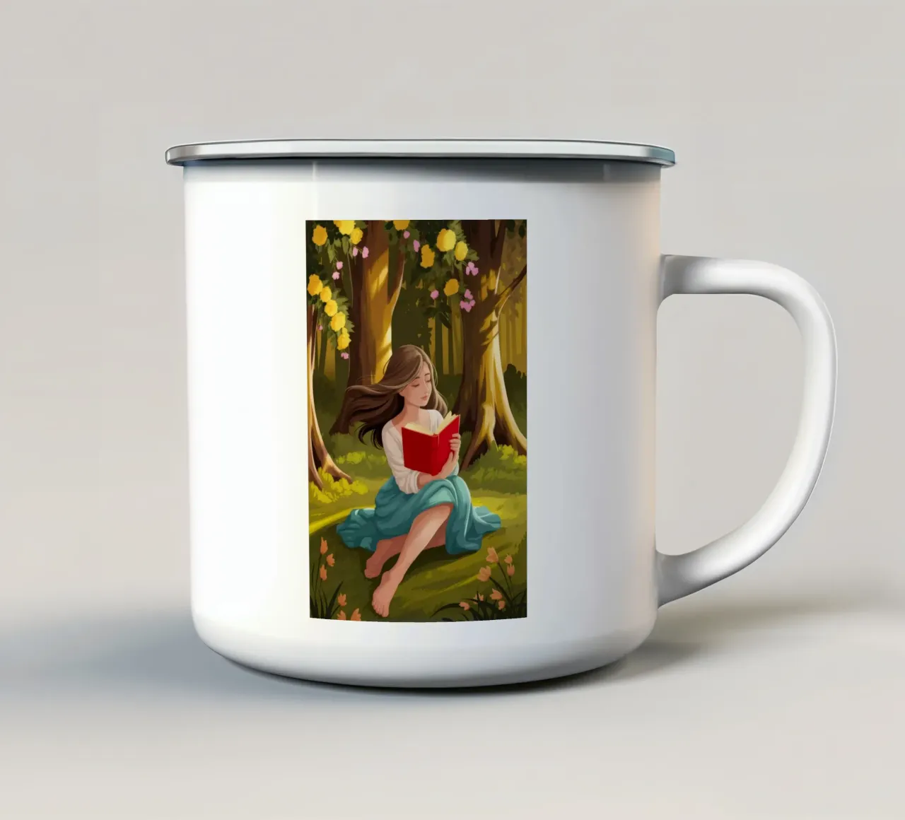 Lecture de la forêt enchantée mug en émail de Fine Sanctuary