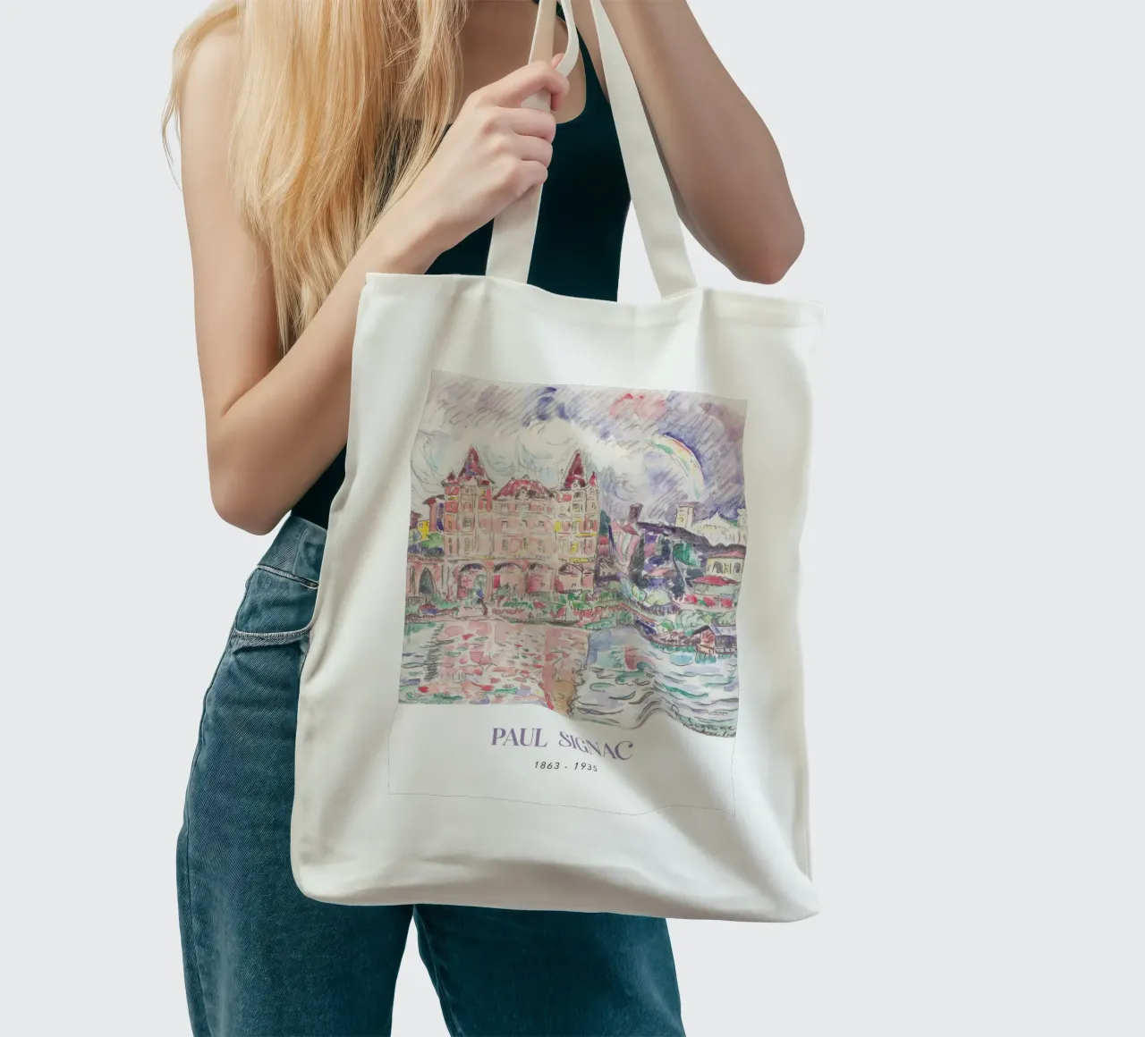 Signac Montauban Pointillist Stadsgezicht Regenboog Print jute draagtas van NorwesClub