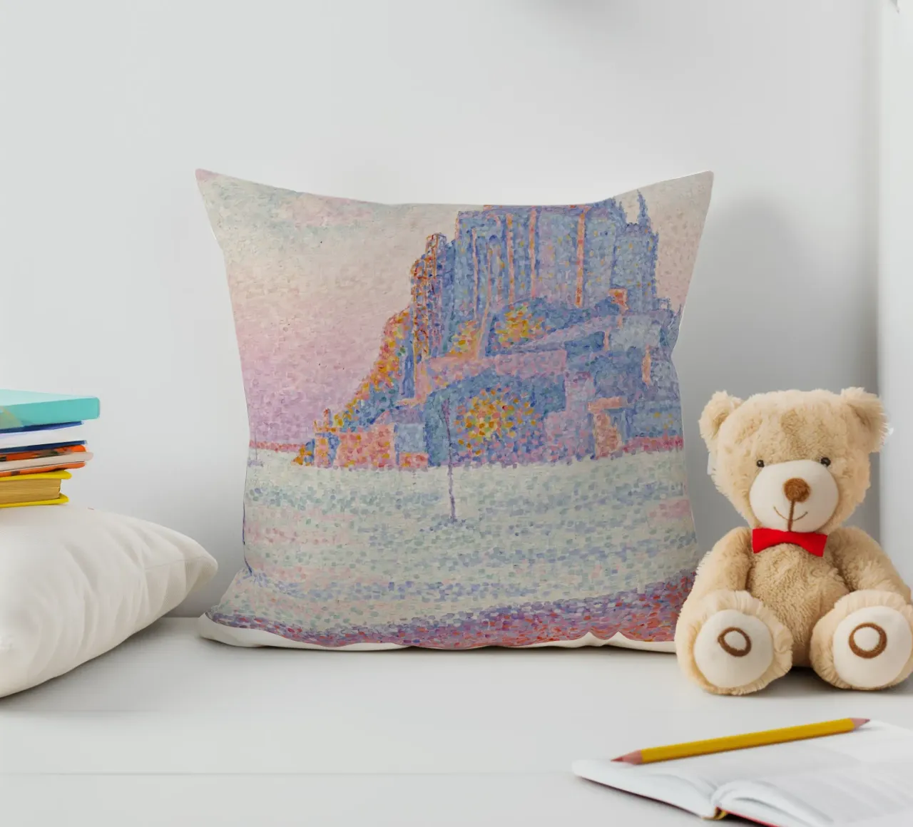 Signac Mont Saint-Michel Pointillist Art Print decorative cushion by NorwesClub