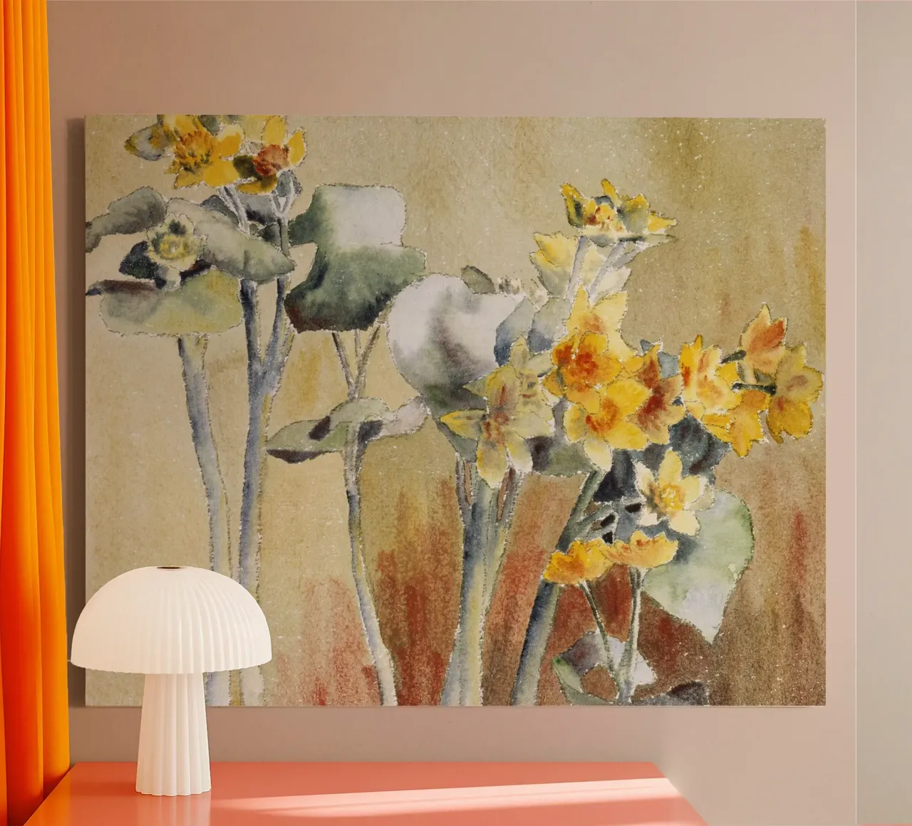 Overbeck Geel Oranje Bloem Botanische Kunstdruk canvas met Baklijst van NorwesClub