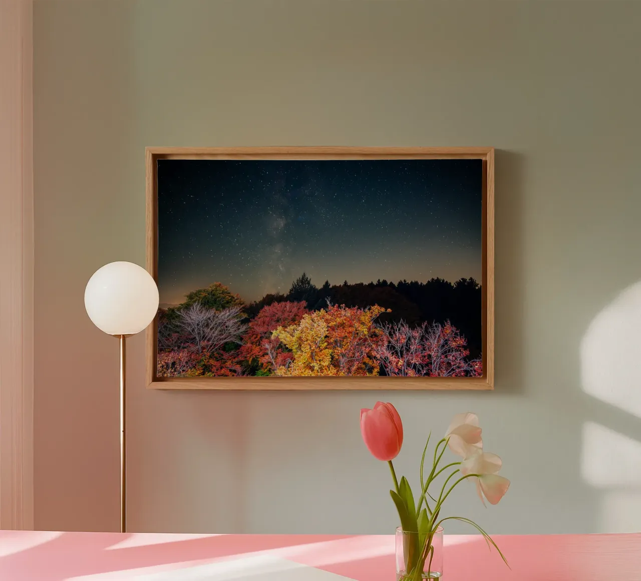 Starry sky and autumn forest canvas with Floater frame by 5ecken