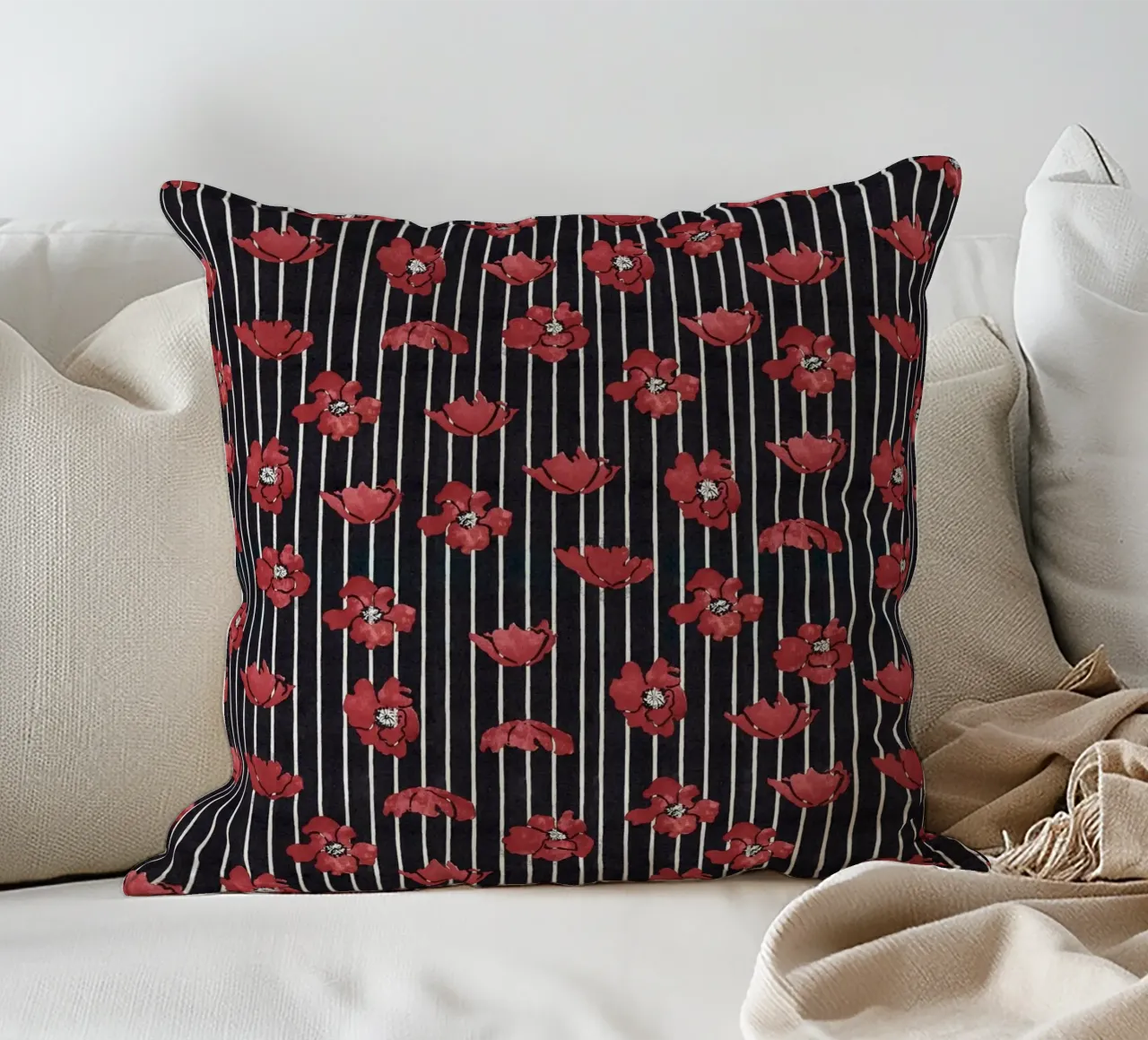 Red Floral Stripe Repeating Pattern Art Print decorative cushion by NorwesClub